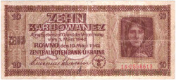 Банкнота. Украина. Немецкая оккупация. 10 карбованцев 1942 год. Тип 52.