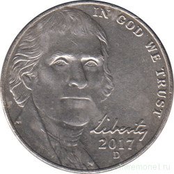 Монета. США. 5 центов 2017 год. Монетный двор D.