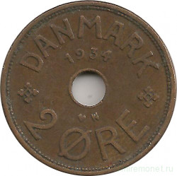 Монета. Дания. 2 эре 1934 год.