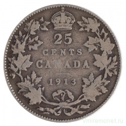 Монета. Канада. 25 центов 1913 год.