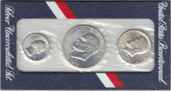 Монета. США. Набор 3 штуки. 25, 50 центов, 1 доллар 1976 год. 200 лет независимости США. Монетный двор S. Серебро.