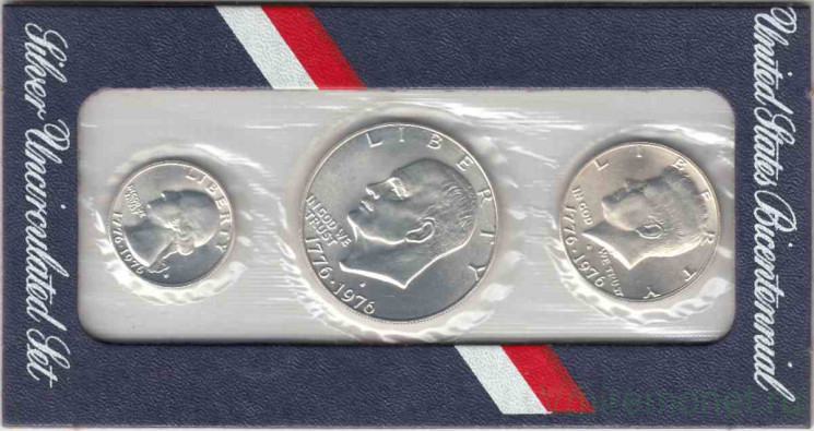 Монета. США. Набор 3 штуки. 25, 50 центов, 1 доллар 1976 год. 200 лет независимости США. Монетный двор S. Серебро.