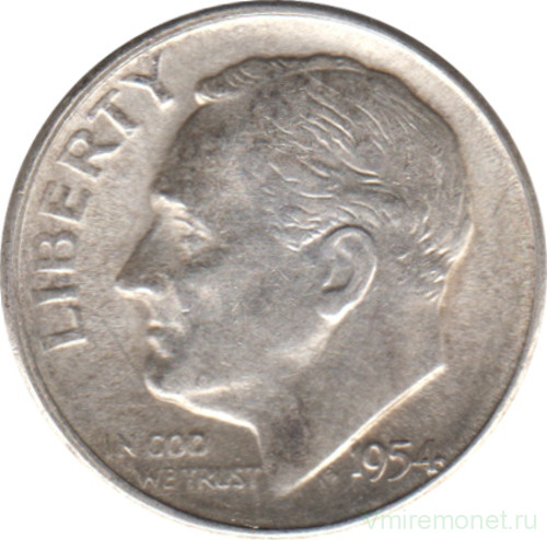 Монета. США. 10 центов 1954 год. Серебряный дайм Рузвельта.