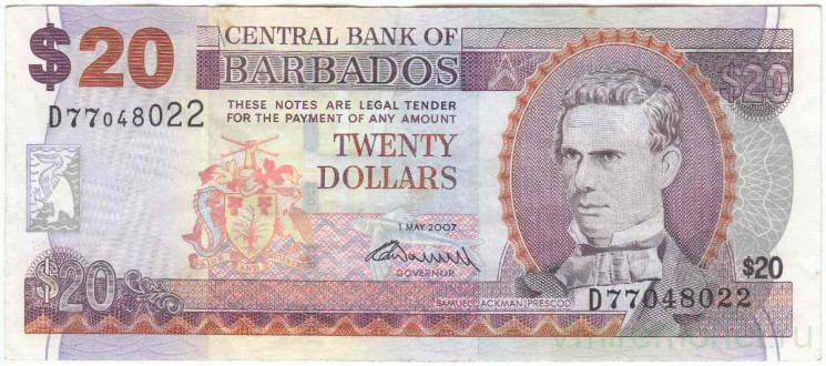 Банкнота. Барбадос. 20 долларов 2007 год. Тип 69b.
