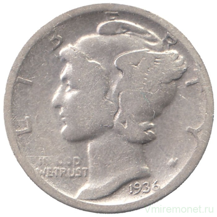 Монета. США. 10 центов 1936 год. Монетный двор D. 