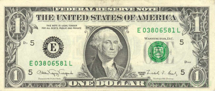 Банкнота. США. 1 доллар 1988 год. Серия E. Тип 480b.