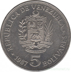 Монета. Венесуэла. 5 боливаров 1987 год.