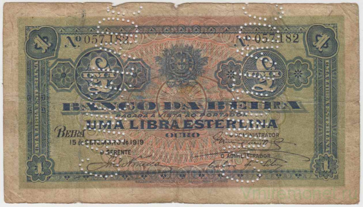 Банкнота. Мозамбик. "Банко де Бейра". 1 либра эстерлина 1919 год. (перфорация "OURO"). Тип R6c/b.