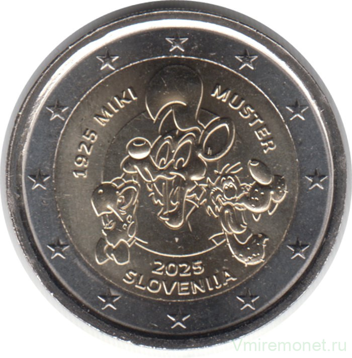 Монета. Словения. 2 евро 2025 год. 100 лет со дня рождения Мики Мустера.