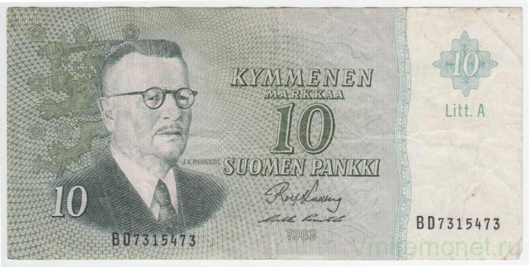 Банкнота. Финляндия. 10 марок 1963 год. Тип 104a(101).
