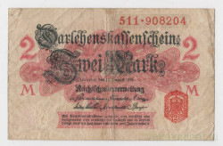 Банкнота. Кредитный билет. Германия. Германская империя (1871-1918). 2 марки 1914 год. Без фоновой сетки. Серия от 1 до 180 и от 476 до 615.