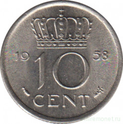 Монета. Нидерланды. 10 центов 1958 год.