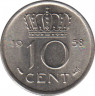 Монета. Нидерланды. 10 центов 1958 год. ав.