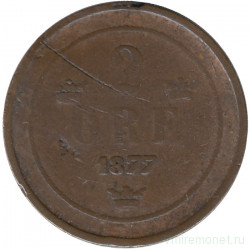 Монета. Швеция. 2 эре 1877 год. Новый тип. 