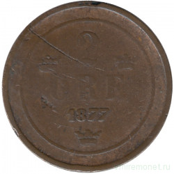 Монета. Швеция. 2 эре 1877 год. Новый тип.