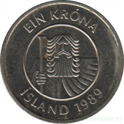 Монета. Исландия. 1 крона 1989 год.