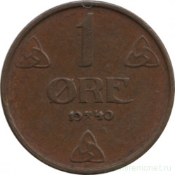 Монета. Норвегия. 1 эре 1940 год.