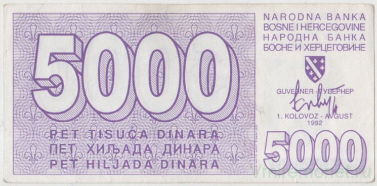 Банкнота. Босния и Герцеговина. 5000 динар 1992 год. Тип 27а.