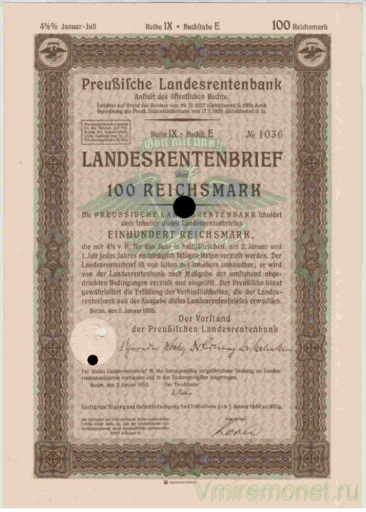 Облигация. Германия. Третий рейх. Прусский государственный пенсионный банк. Облигация на 100 рейхсмарок с 2.01.1935 по 1.01.1940. Облигация. Германия. Третий рейх. Прусский государственный пенсионный банк. Облигация на 100 рейхсмарок с 2.01.1935 по 1.01.1940.