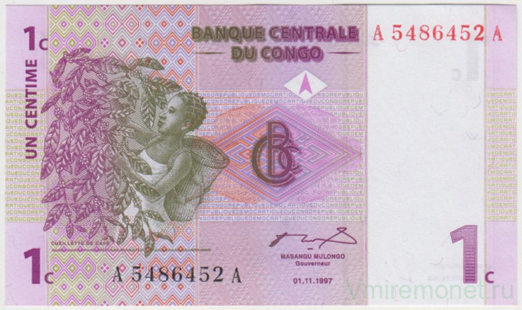 Банкнота. Демократическая Республика Конго. 1 сантим 1997 год. Тип 80а.