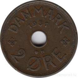 Монета. Дания. 2 эре 1931 год.