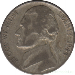 Монета. США. 5 центов 1945 год. Монетный двор D.