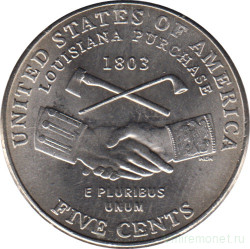 Монета. США. 5 центов 2004 год. 200 лет экспедиции Льюиса и кларка - Приобретение Луизианы. Монетный двор P.