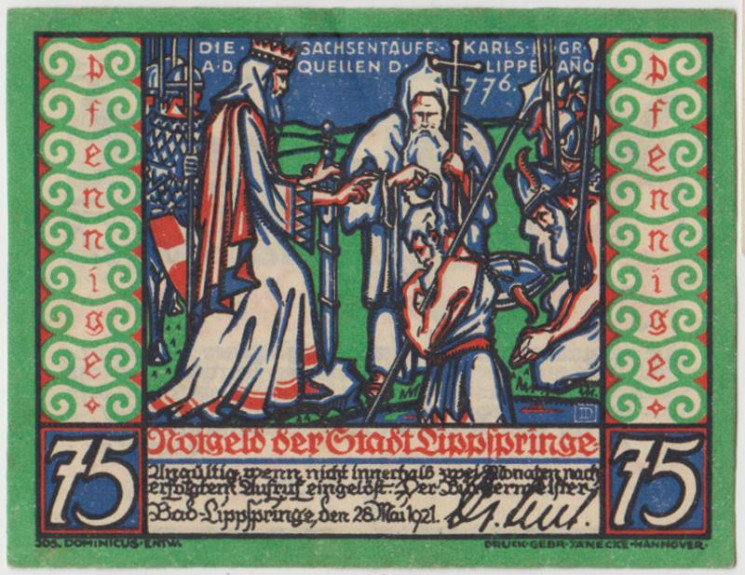 Бона. Нотгельд. Германия. Курорт Липпспринге. 75 пфеннигов 1921 год. Вариант 805.1.3.