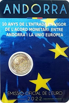 Монета. Андорра. 2 евро 2022 год. 10 лет вступлению в силу валютного соглашения между Андоррой и Евросоюзом. Блистер, коинкарта. 