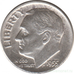 Монета. США. 10 центов 1955 год. Серебряный дайм Рузвельта. Монетный двор S.