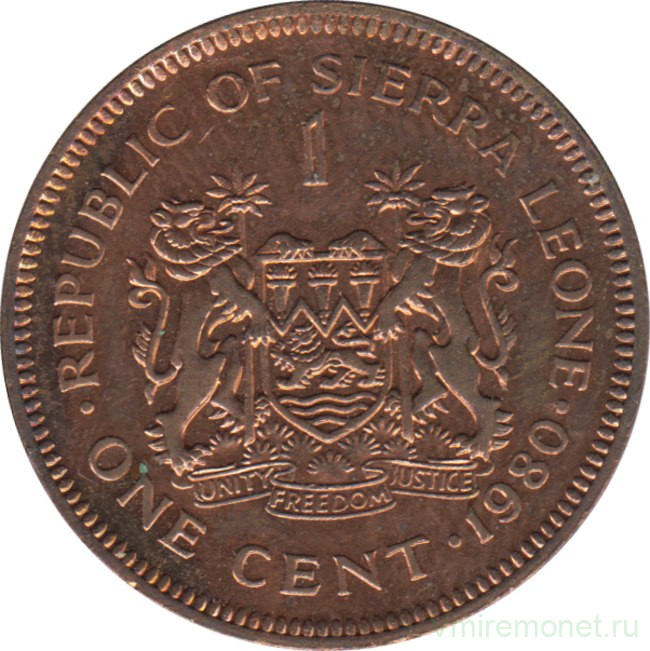 Монета. Сьерра-Леоне. 1 цент 1980 год.