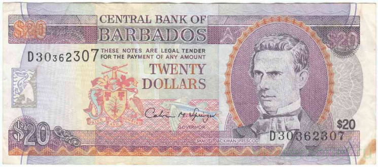 Банкнота. Барбадос. 20 долларов 1997 год. Тип 50.