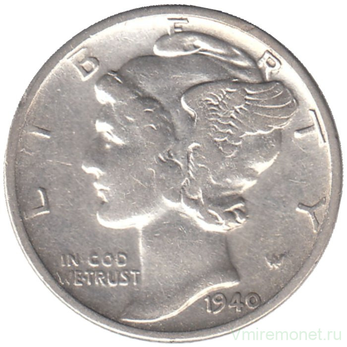 Монета. США. 10 центов 1940 год. Монетный двор D. 