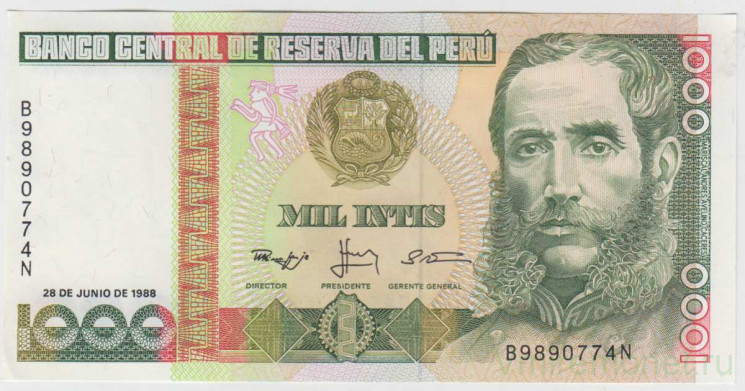 Банкнота. Перу. 1000 инти 1988 год. Тип 136b.
