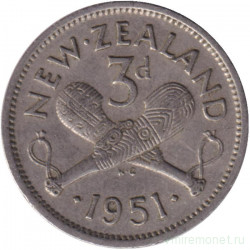 Монета. Новая Зеландия. 3 пенса 1951 год.