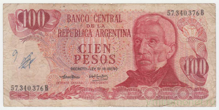 Банкнота. Аргентина. 100 песо 1973 - 1976 год. Тип 297 (1).