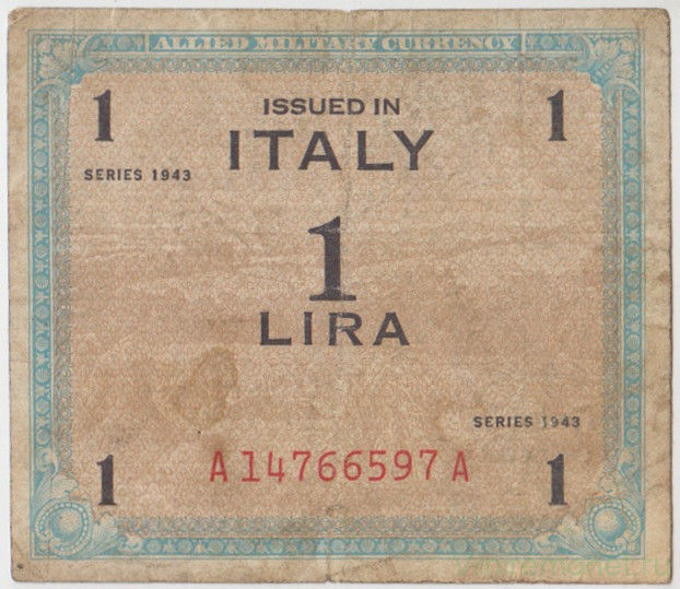 Банкнота. Италия. Американская оккупация. 1 лира 1943 год. Тип М10b.