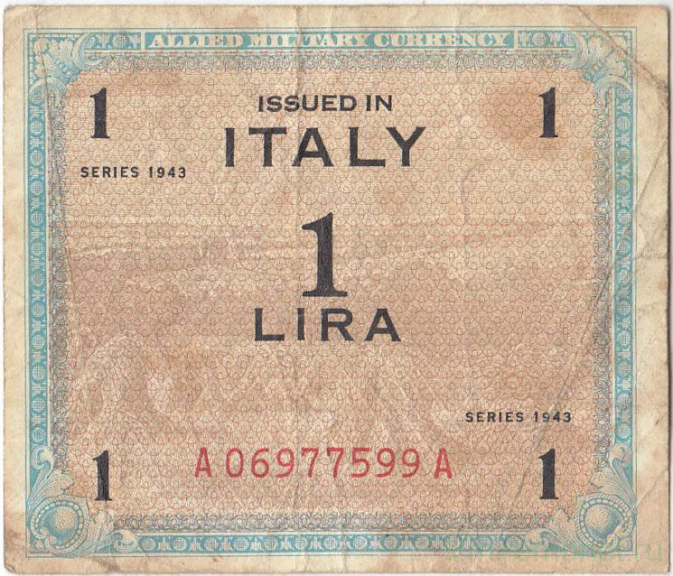 Банкнота. Италия. Оккупация союзников. 1 лира 1943 год. Тип М10b.