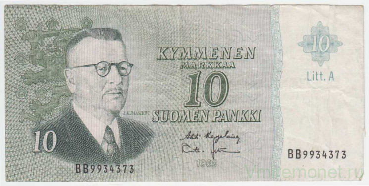 Банкнота. Финляндия. 10 марок 1963 год. Тип 104a(34).