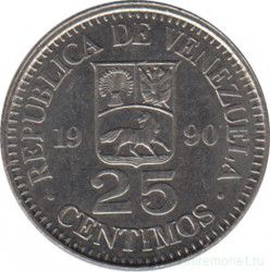 Монета. Венесуэла. 25 сентимо 1990 год.