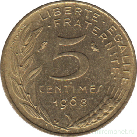 Монета. Франция. 5 сантимов 1968 год.