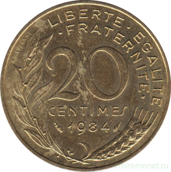 Монета. Франция. 20 сантимов 1984 год.