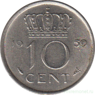 Монета. Нидерланды. 10 центов 1959 год.