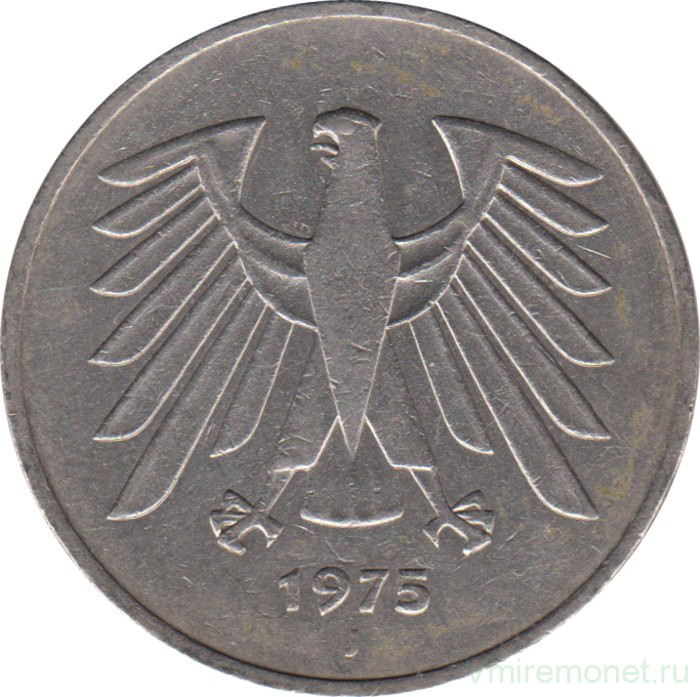 Монета. ФРГ. 5 марок 1975 год. Монетный двор - Гамбург (J).