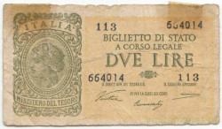 Банкнота. Италия. 2 лиры 1944 год. Тип 30a.