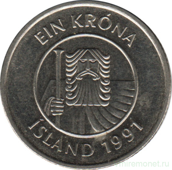 Монета. Исландия. 1 крона 1991 год.
