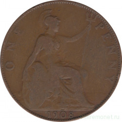 Монета. Великобритания. 1 пенни 1908 год.