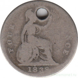Монета. Великобритания. 4 пенса 1838 год. Four Pence.