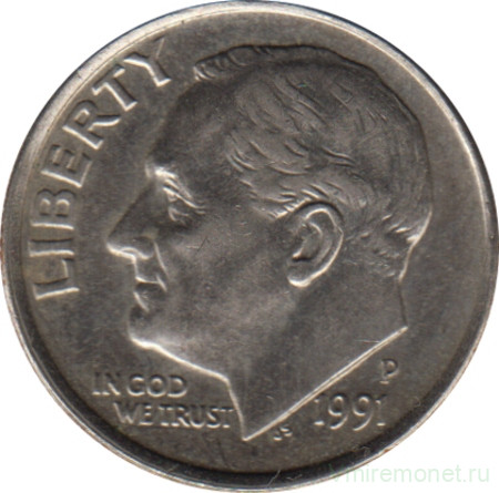 Монета. США. 10 центов 1991 год. Монетный двор P.