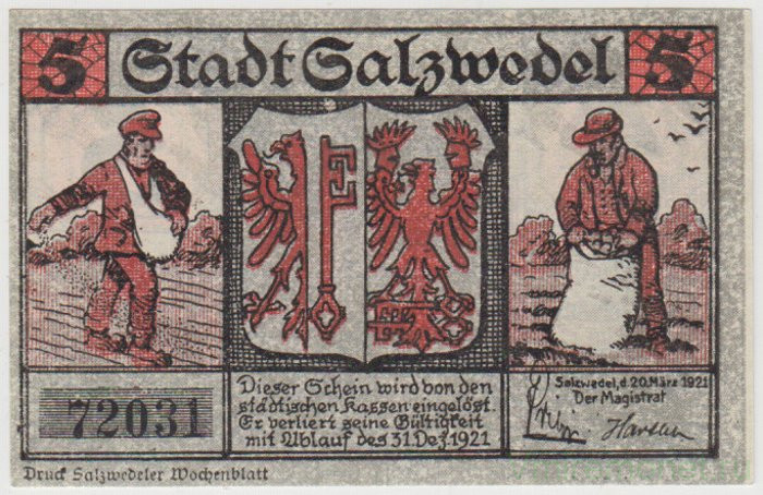Бона. Нотгельд. Германия. Город Зальцведель. 5 пфеннигов 1921 год. Вариант 1162.1.а.1.